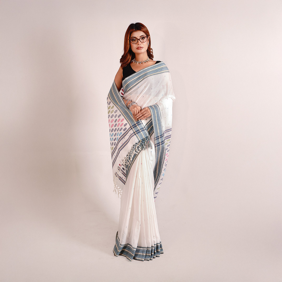 White/Beige Mercerized Saree - Image 2
