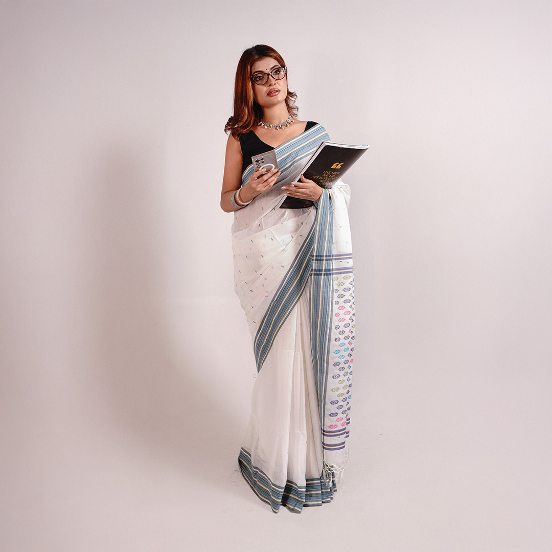 White/Beige Mercerized Saree - Image 3