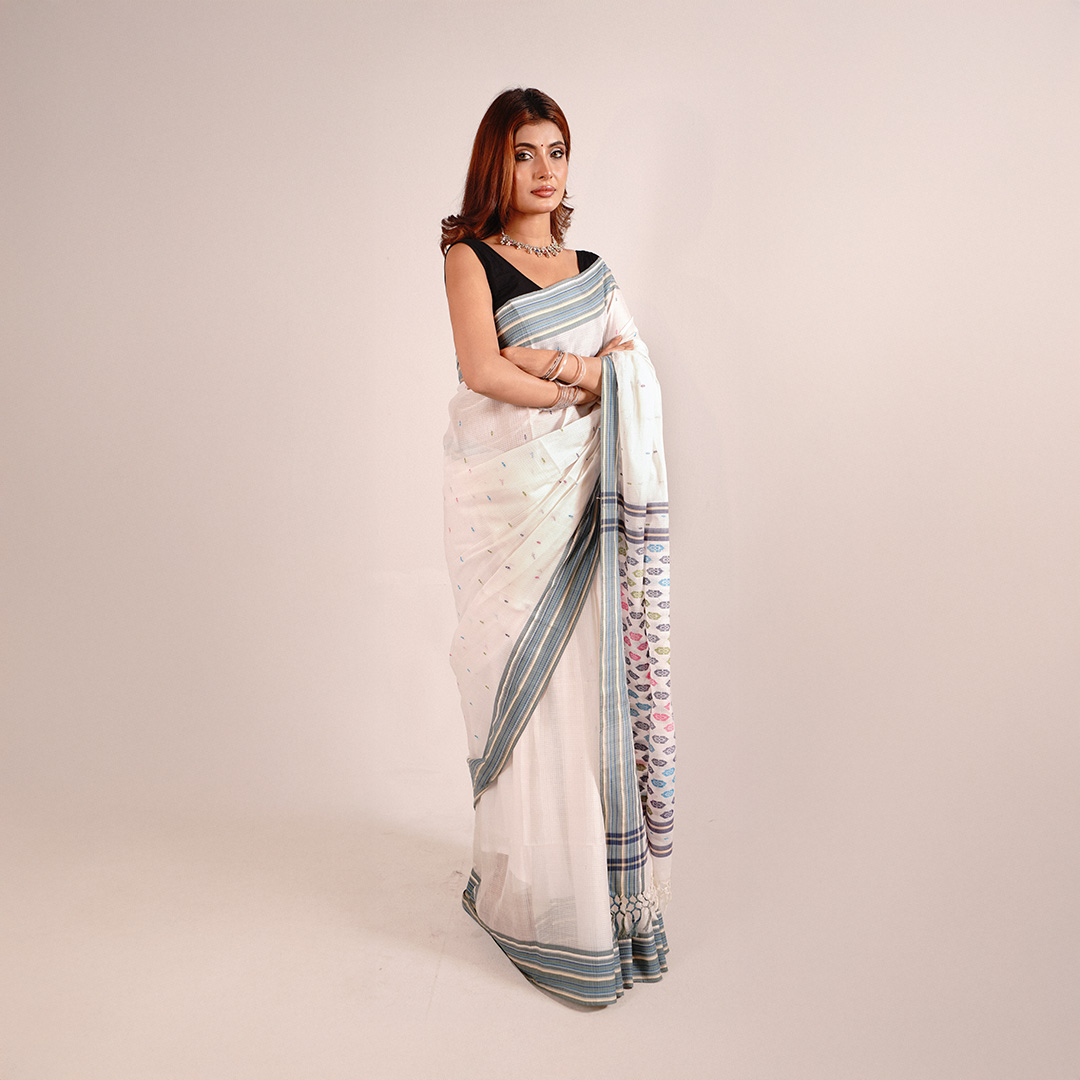 White/Beige Mercerized Saree - Image 4