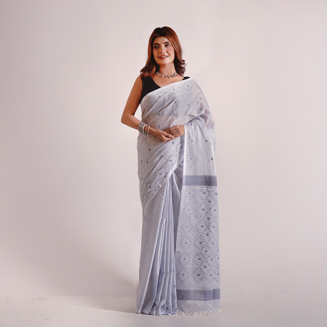 Sky Blue Mercerized Cotton Saree - Image 2