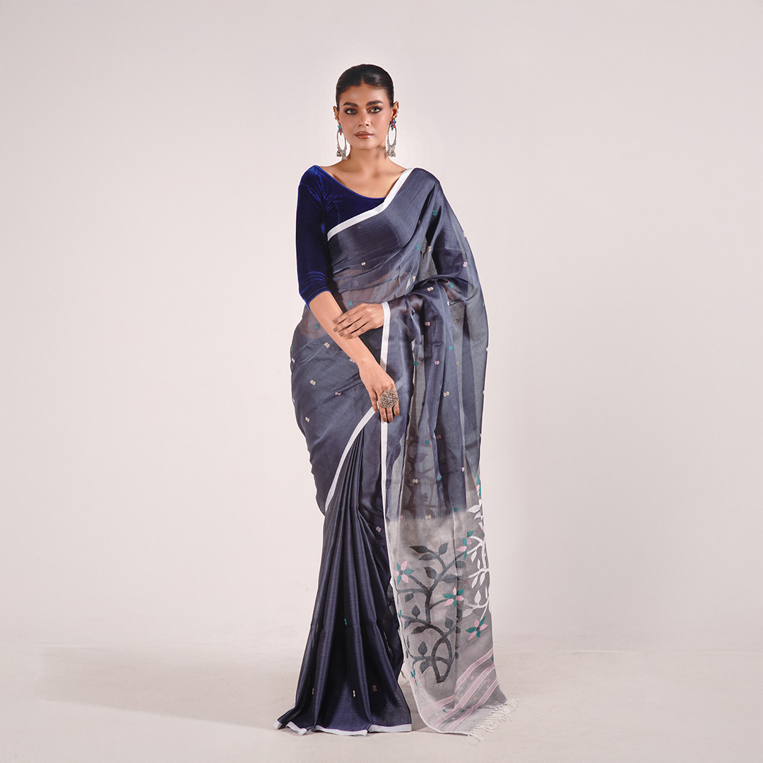 Midnight Blue Mercerized Cotton Saree - Image 2