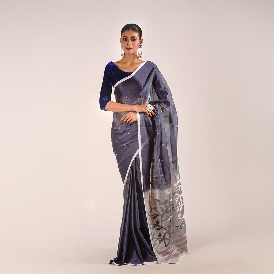 Midnight Blue Mercerized Cotton Saree - Image 3