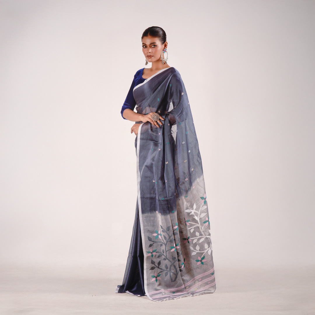 Midnight Blue Mercerized Cotton Saree - Image 4